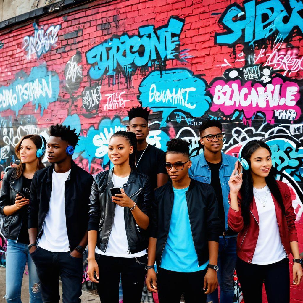 A striking urban scene with graffiti walls filled with vibrant and bold profane words that symbolize modern communication, featuring a diverse group of young people engaged in animated conversations, radiating confidence and energy. Include elements of modern technology like smartphones and headphones. The atmosphere should have a gritty yet inspiring feel, showcasing the impact of language in everyday life. high-contrast colors. street art style.
