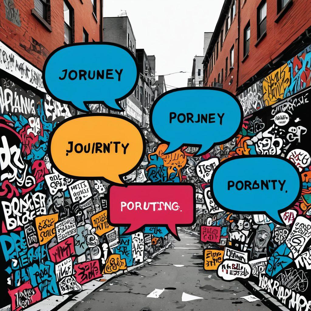 A dynamic illustration showcasing the journey of profanity in society, featuring a split scene: on one side, a chaotic urban setting filled with graffiti and expressive art reflecting obscenity; on the other, a bright, empowering environment portraying individuals using words in a positive context. Include contrasting colors, expressive characters, and speech bubbles with creative cursing transforming into uplifting phrases. vibrant colors. modern art.