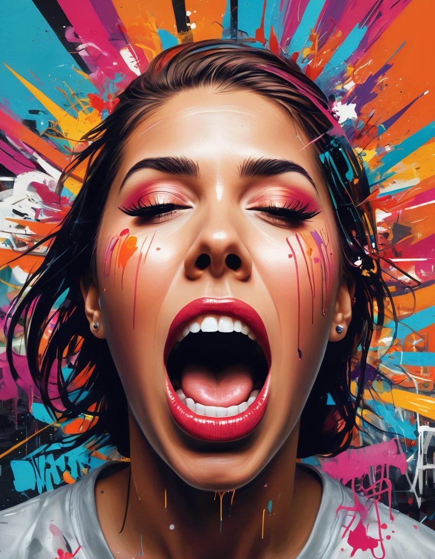 A powerful visual representation of expressive cursing, featuring a colorful explosion of letters, symbols, and expletives radiating from an expressive mouth. In the background, a chaotic blend of vibrant graffiti-style art that emphasizes freedom and raw emotion. Include abstract shapes and dynamic lines to express intensity and energy, contrasting with calm muted tones to signify the release of pent-up frustrations. The overall feel should be empowering and bold. vibrant colors. graffiti art. digital illustration.